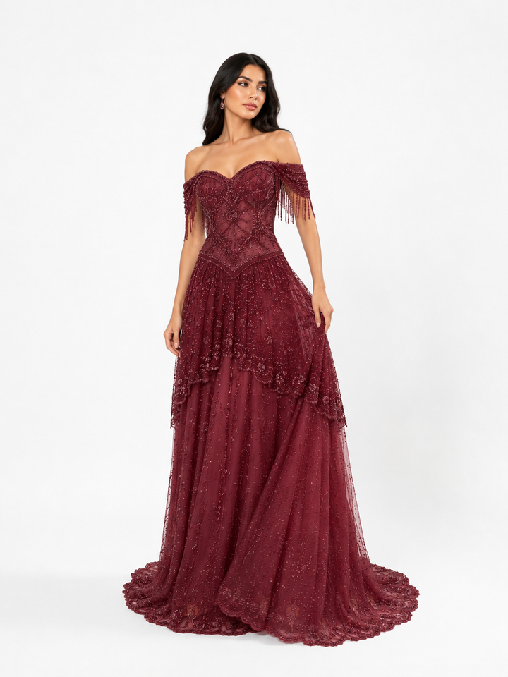 Beaded Corset Off-Shoulder Maxi Dress – MAUVELLE