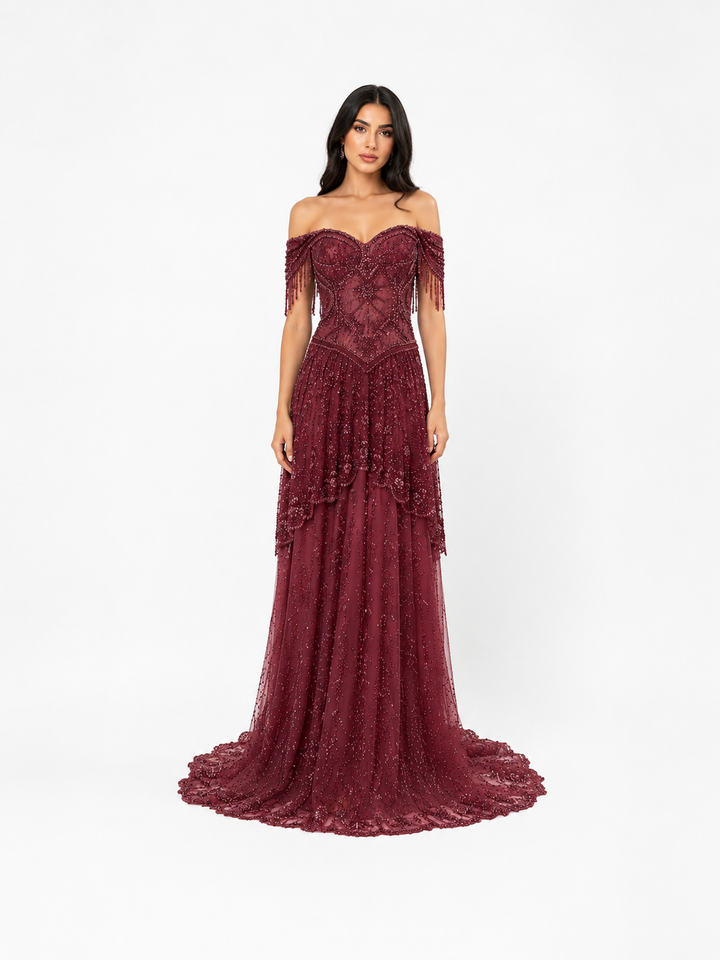 Beaded Corset Off-Shoulder Maxi Dress – MAUVELLE