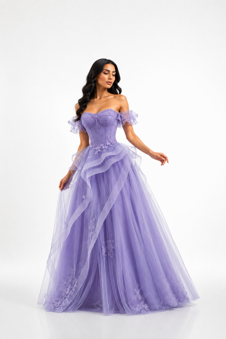 Off-Shoulder Ruffle Ball Gown – AZURELLE