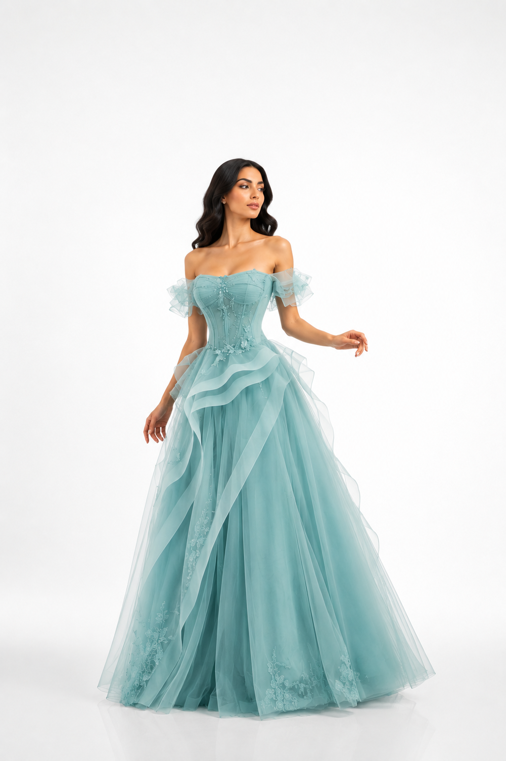 Off-Shoulder Ruffle Ball Gown – AZURELLE