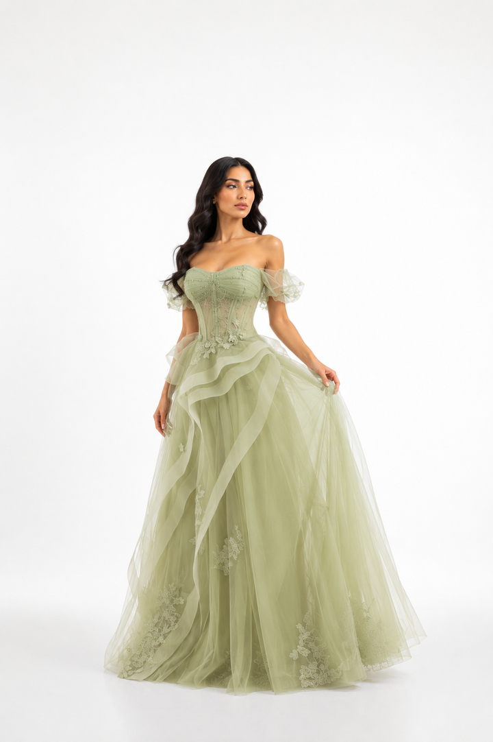 Off-Shoulder Ruffle Ball Gown – AZURELLE