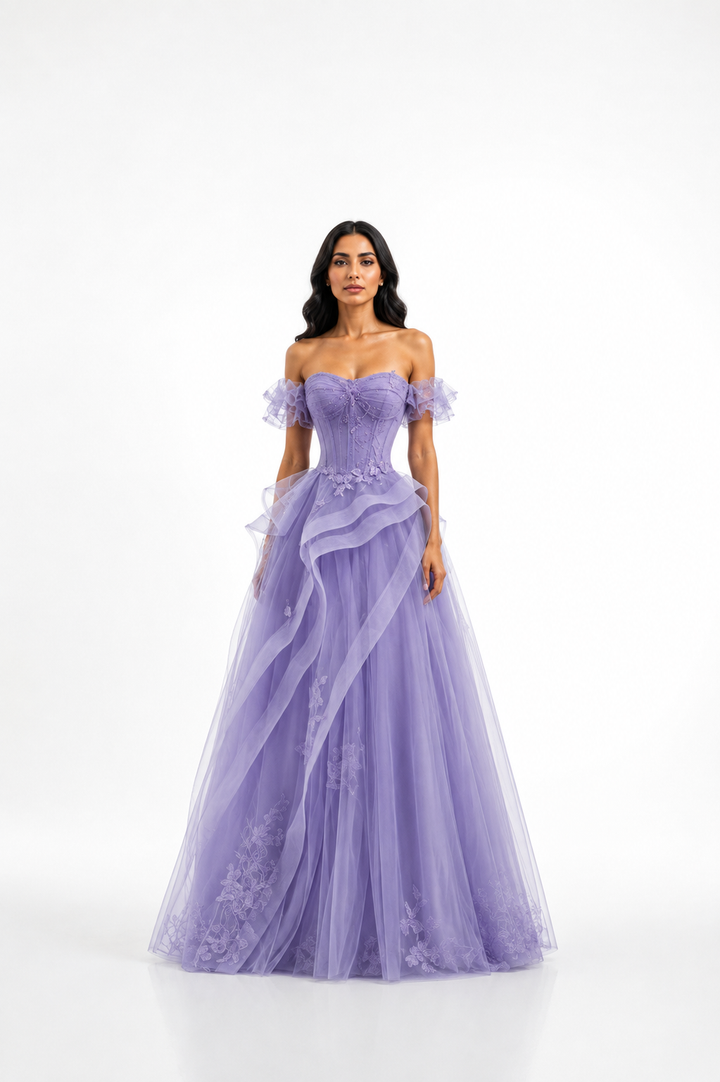 Off-Shoulder Ruffle Ball Gown – AZURELLE
