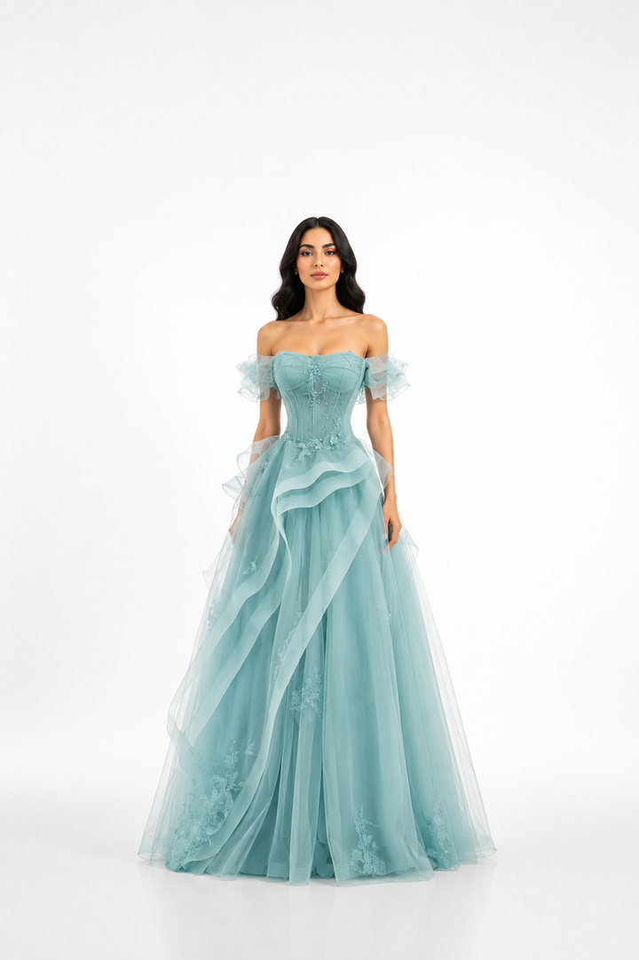 Off-Shoulder Ruffle Ball Gown – AZURELLE