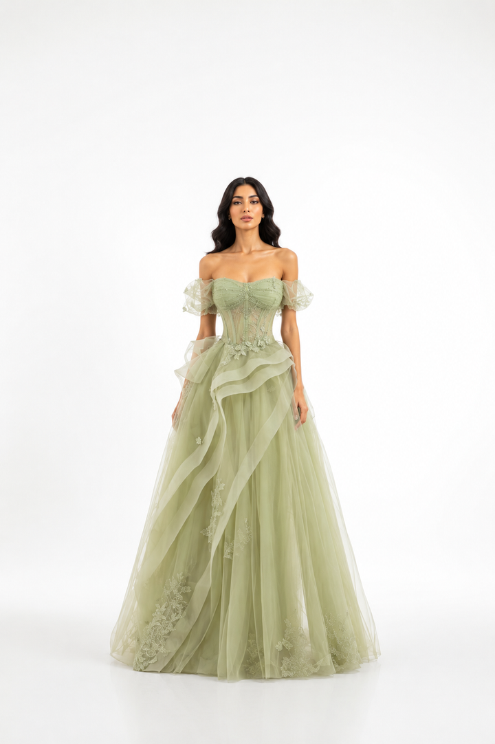 Off-Shoulder Ruffle Ball Gown – AZURELLE