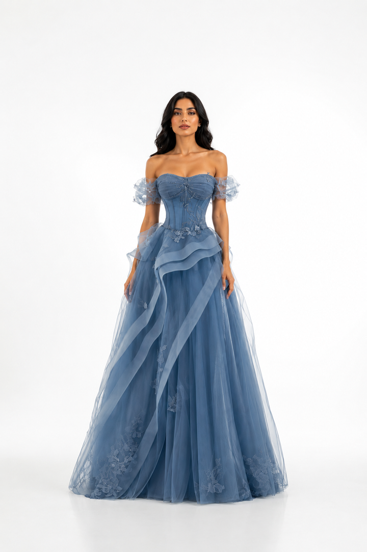 Off-Shoulder Ruffle Ball Gown – AZURELLE
