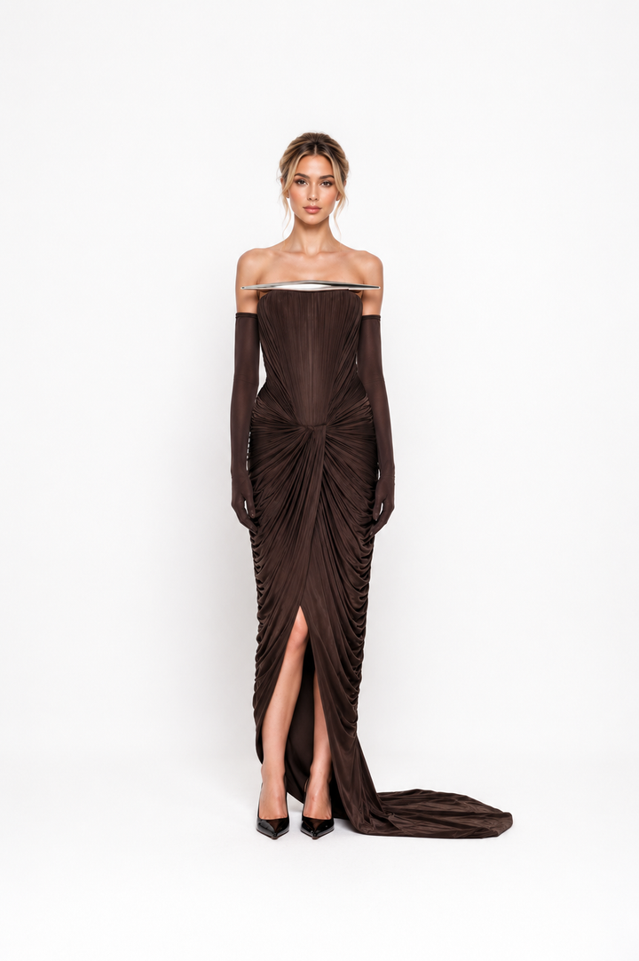 Ruched Off-Shoulder Slit Maxi Dress – AZURIA