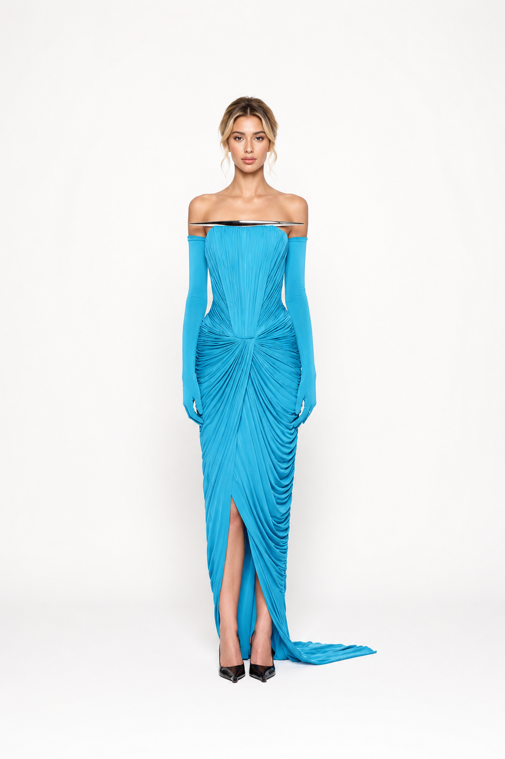Ruched Off-Shoulder Slit Maxi Dress – AZURIA