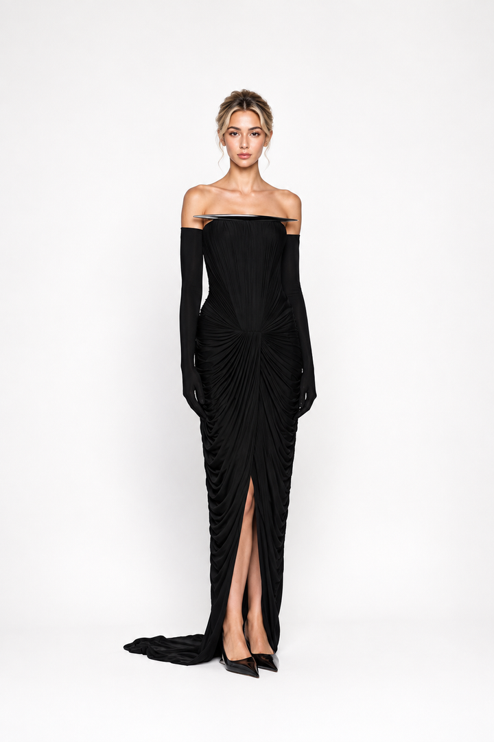 Ruched Off-Shoulder Slit Maxi Dress – AZURIA