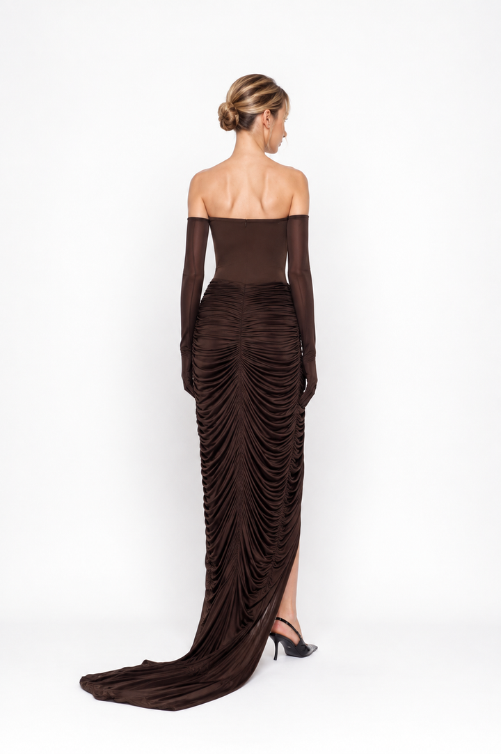 Ruched Off-Shoulder Slit Maxi Dress – AZURIA