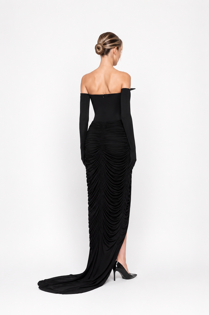Ruched Off-Shoulder Slit Maxi Dress – AZURIA