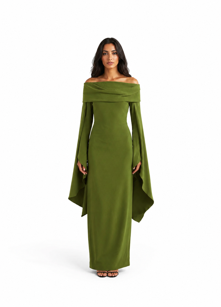 Off-Shoulder Cape Sleeve Maxi Dress – OLIVARA