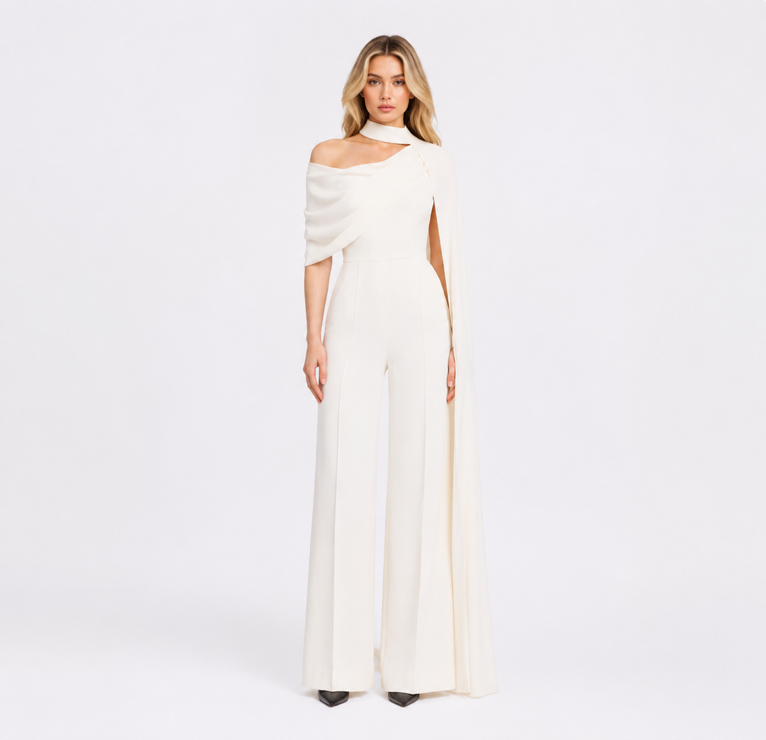 Asymmetric Cape Wide-Leg Jumpsuit – IVORIA