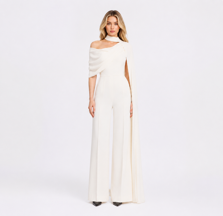 Asymmetric Cape Wide-Leg Jumpsuit – IVORIA