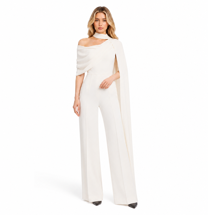 Asymmetric Cape Wide-Leg Jumpsuit – IVORIA
