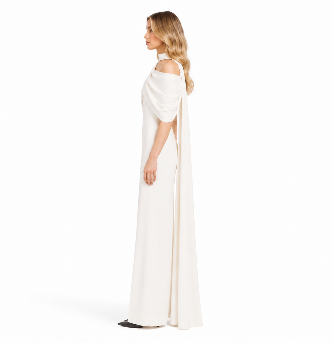 Asymmetric Cape Wide-Leg Jumpsuit – IVORIA