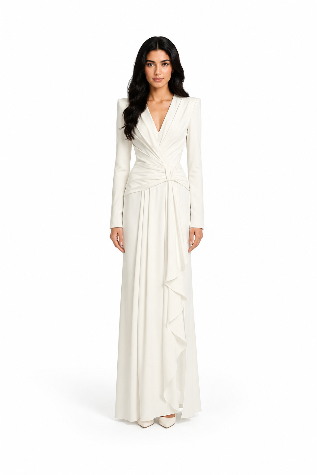 Ruched Long Sleeve Draped Maxi Dress – IVORELLE