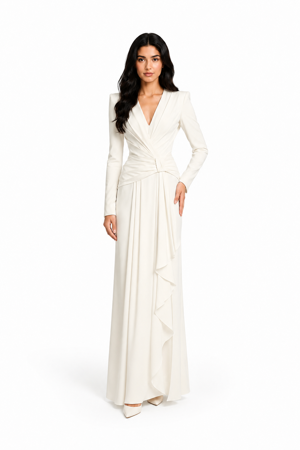 Ruched Long Sleeve Draped Maxi Dress – IVORELLE