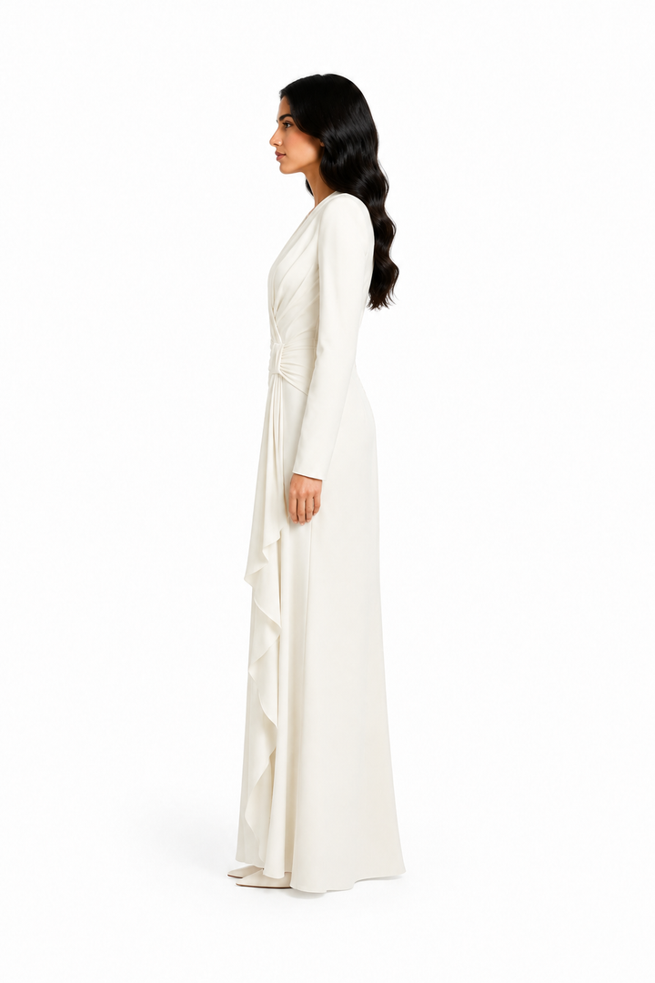 Ruched Long Sleeve Draped Maxi Dress – IVORELLE