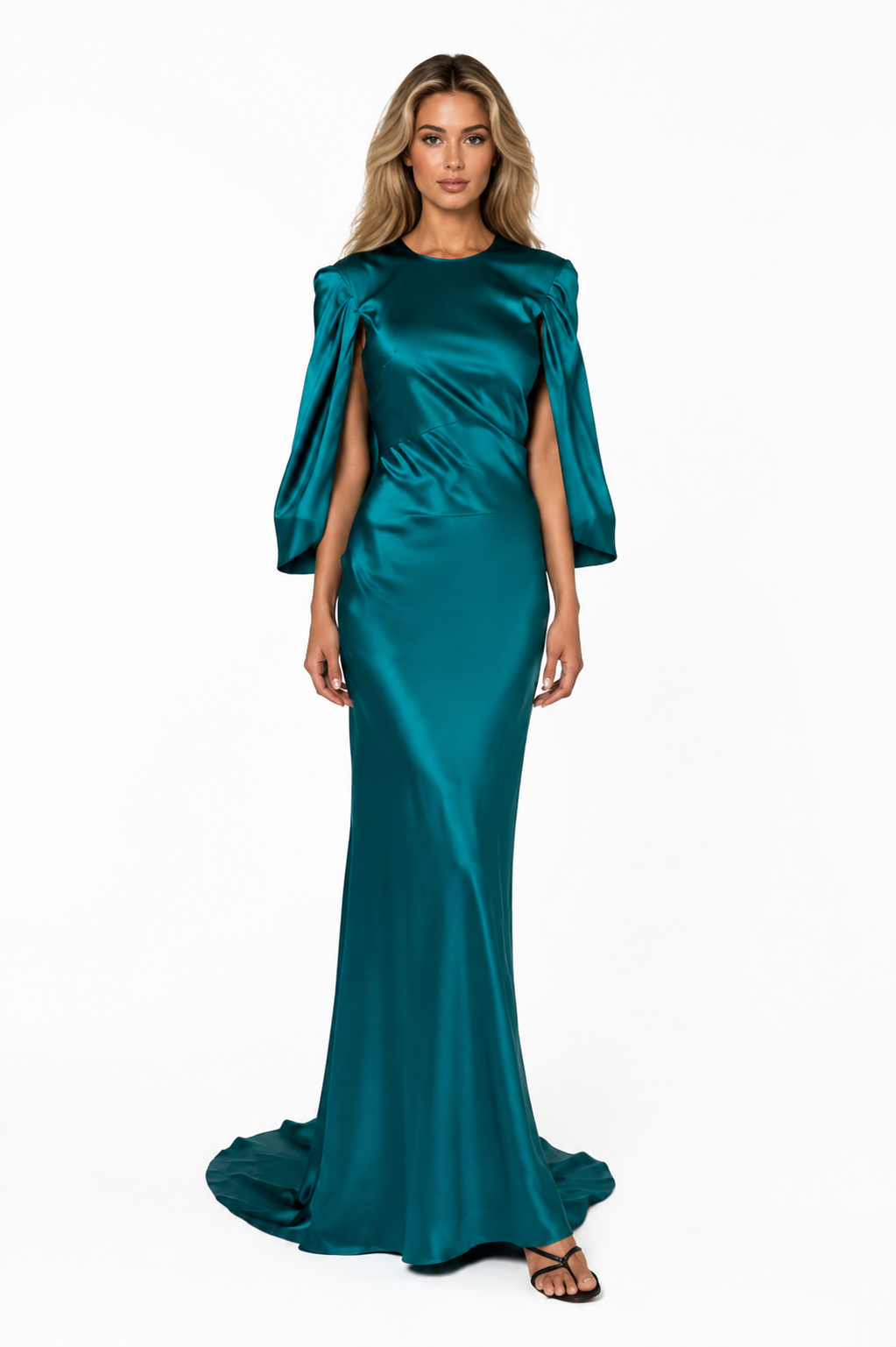 Satin Cape Sleeve Mermaid Maxi Dress – TEALORA