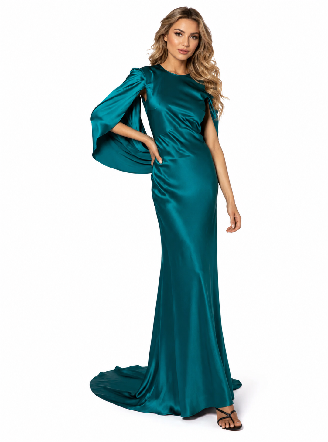 Satin Cape Sleeve Mermaid Maxi Dress – TEALORA