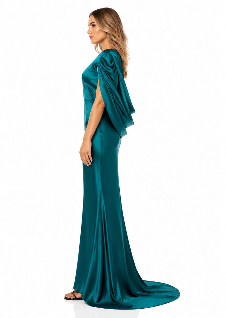 Satin Cape Sleeve Mermaid Maxi Dress – TEALORA