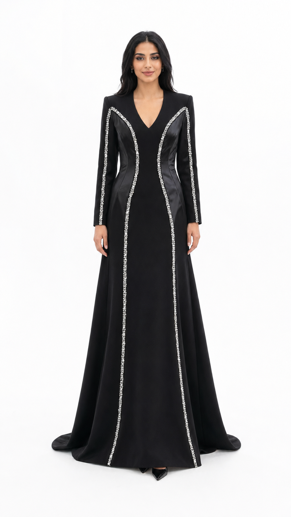 Black Crystal Trim V-Neck Mermaid Evening Dress – VIRE
