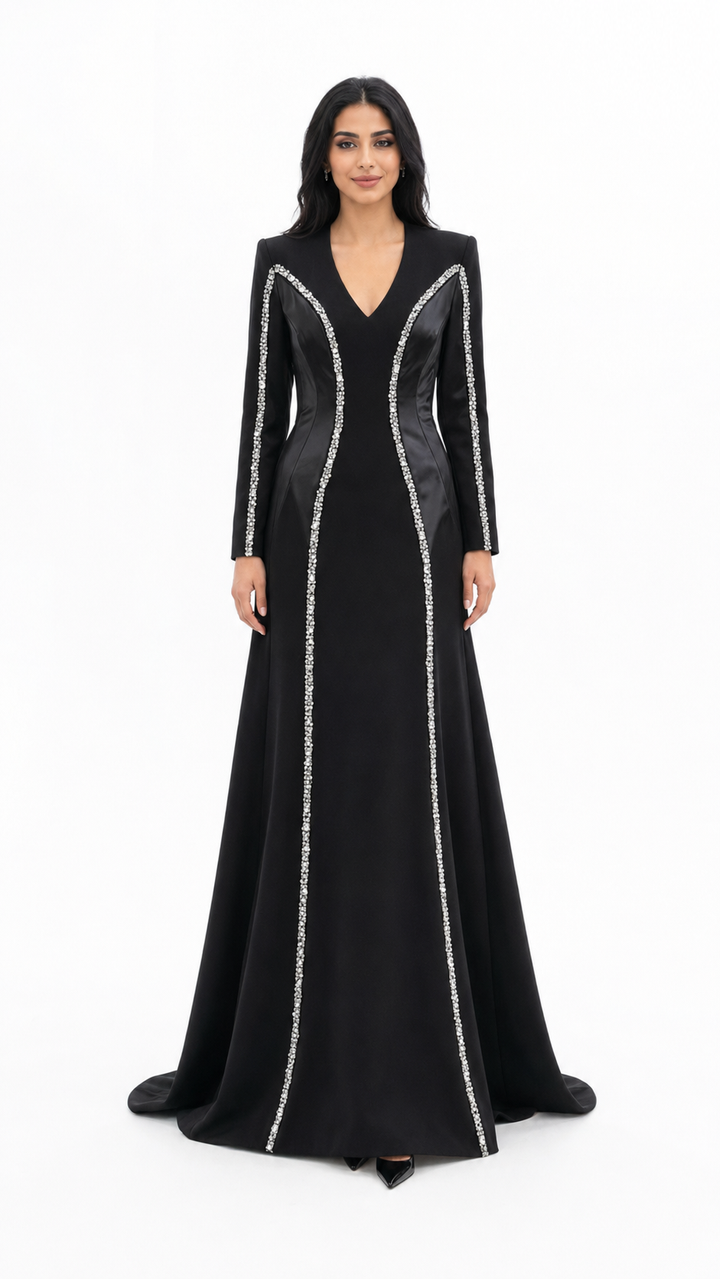 Black Crystal Trim V-Neck Mermaid Evening Dress – VIRE
