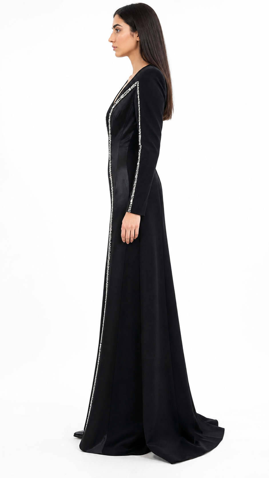 Black Crystal Trim V-Neck Mermaid Evening Dress – VIRE