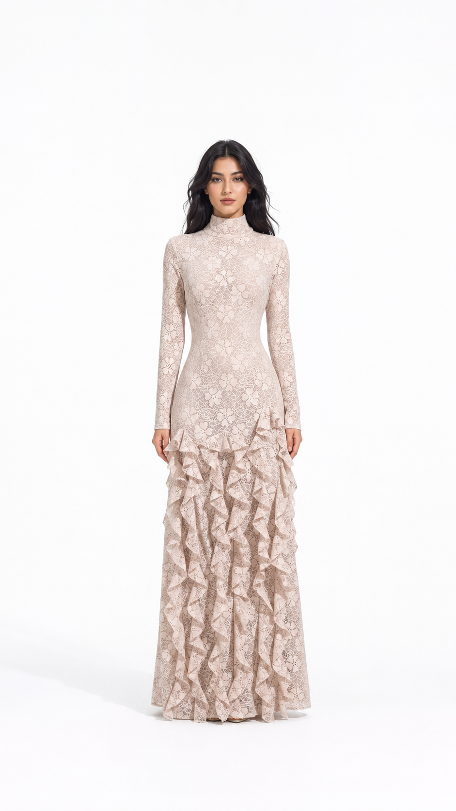 Beige Lace Ruffle Maxi Evening Dress – VERLA