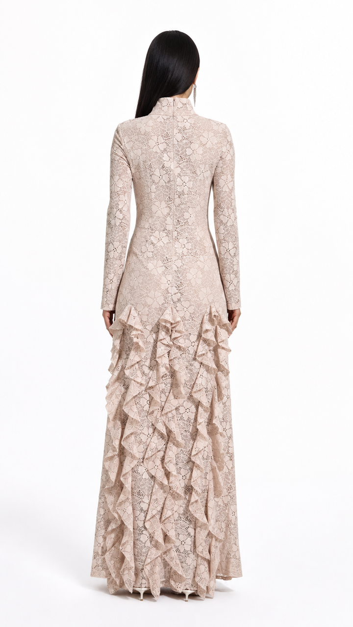 Beige Lace Ruffle Maxi Evening Dress – VERLA