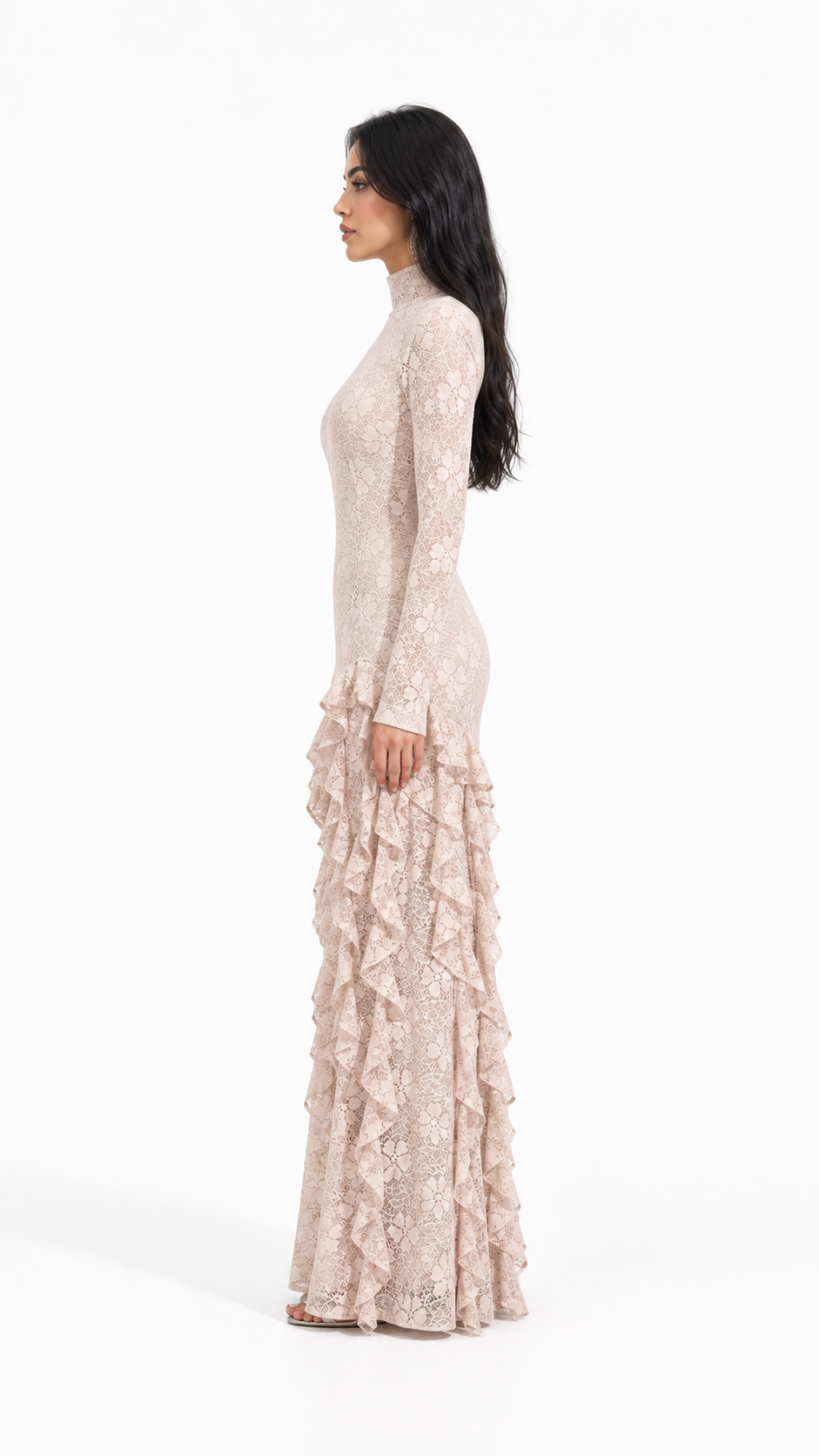 Beige Lace Ruffle Maxi Evening Dress – VERLA