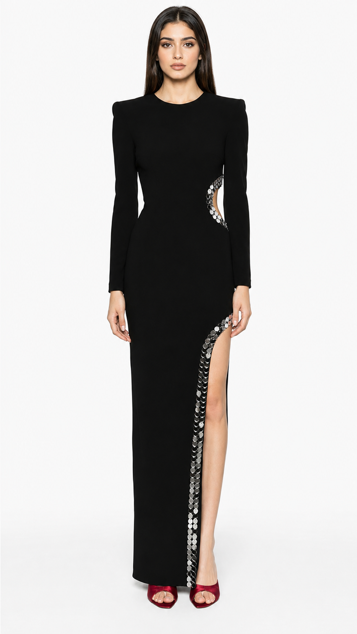Black Crystal Cutout High Slit Evening Dress – ELVIRE