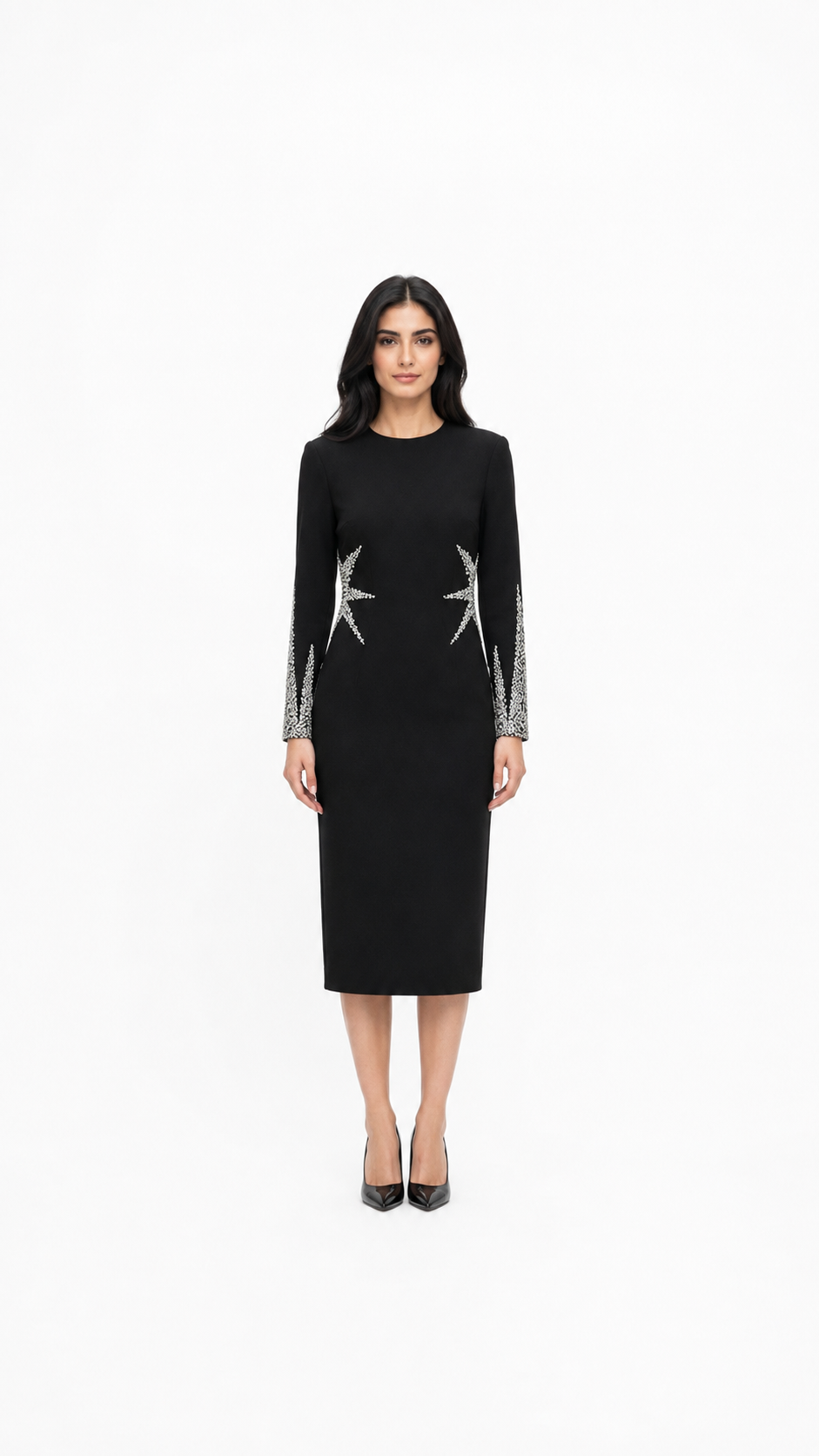 Black Crystal Embellished Long Sleeve Midi Dress – SOLVA