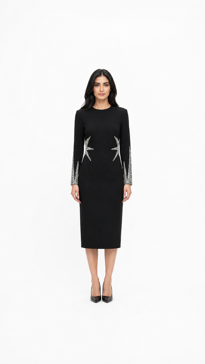 Black Crystal Embellished Long Sleeve Midi Dress – SOLVA