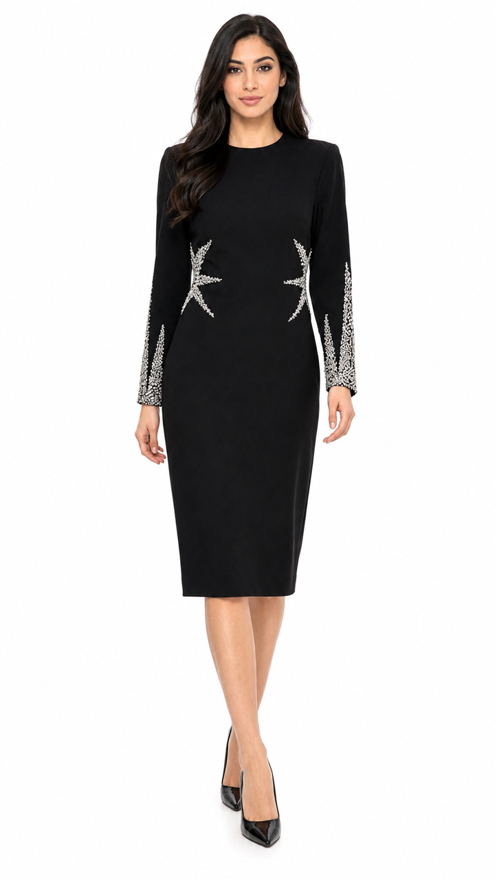 Black Crystal Embellished Long Sleeve Midi Dress – SOLVA