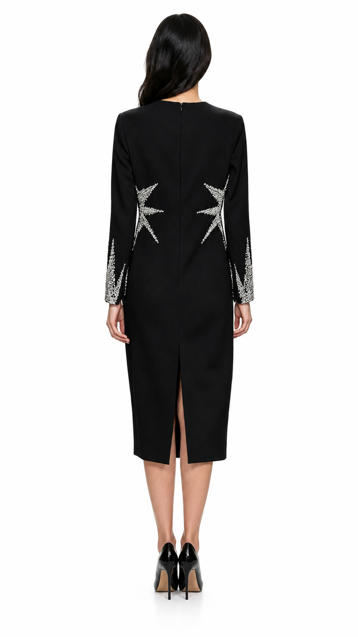 Black Crystal Embellished Long Sleeve Midi Dress – SOLVA