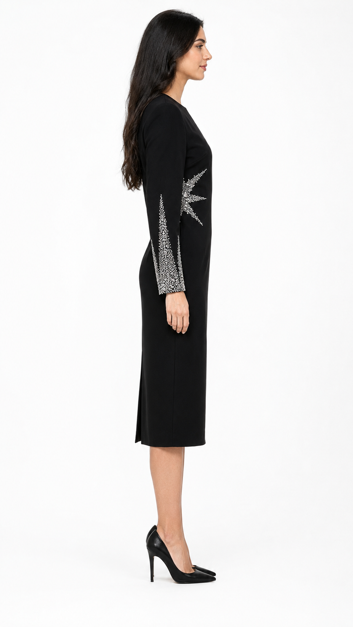 Black Crystal Embellished Long Sleeve Midi Dress – SOLVA