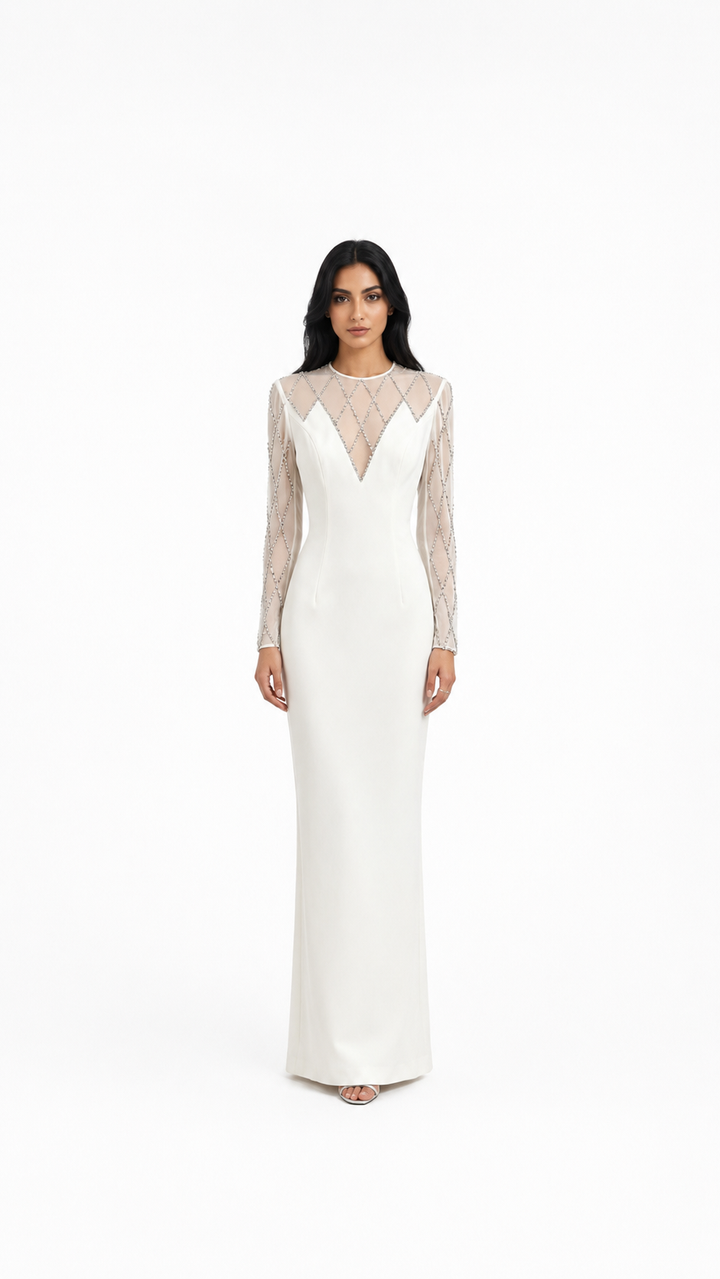 White Crystal Illusion Neck Maxi Evening Dress – ARLESA