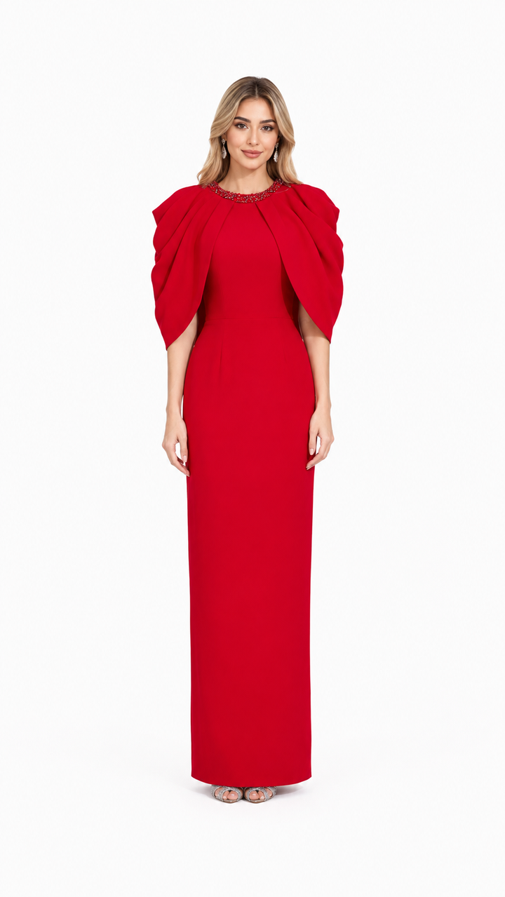 Red Beaded Cape Sleeve Maxi Evening Dress – ROSLA