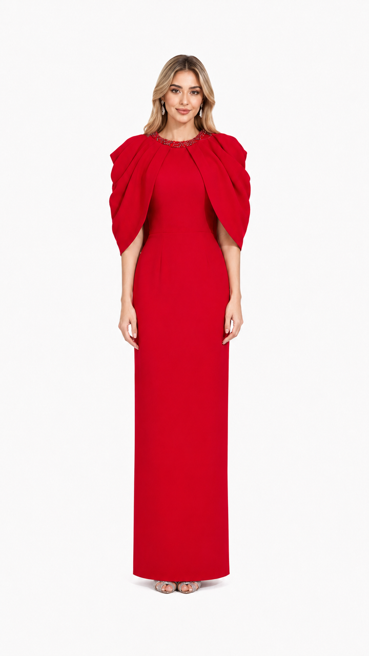 Red Beaded Cape Sleeve Maxi Evening Dress – ROSLA