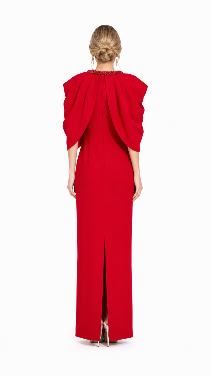 Red Beaded Cape Sleeve Maxi Evening Dress – ROSLA