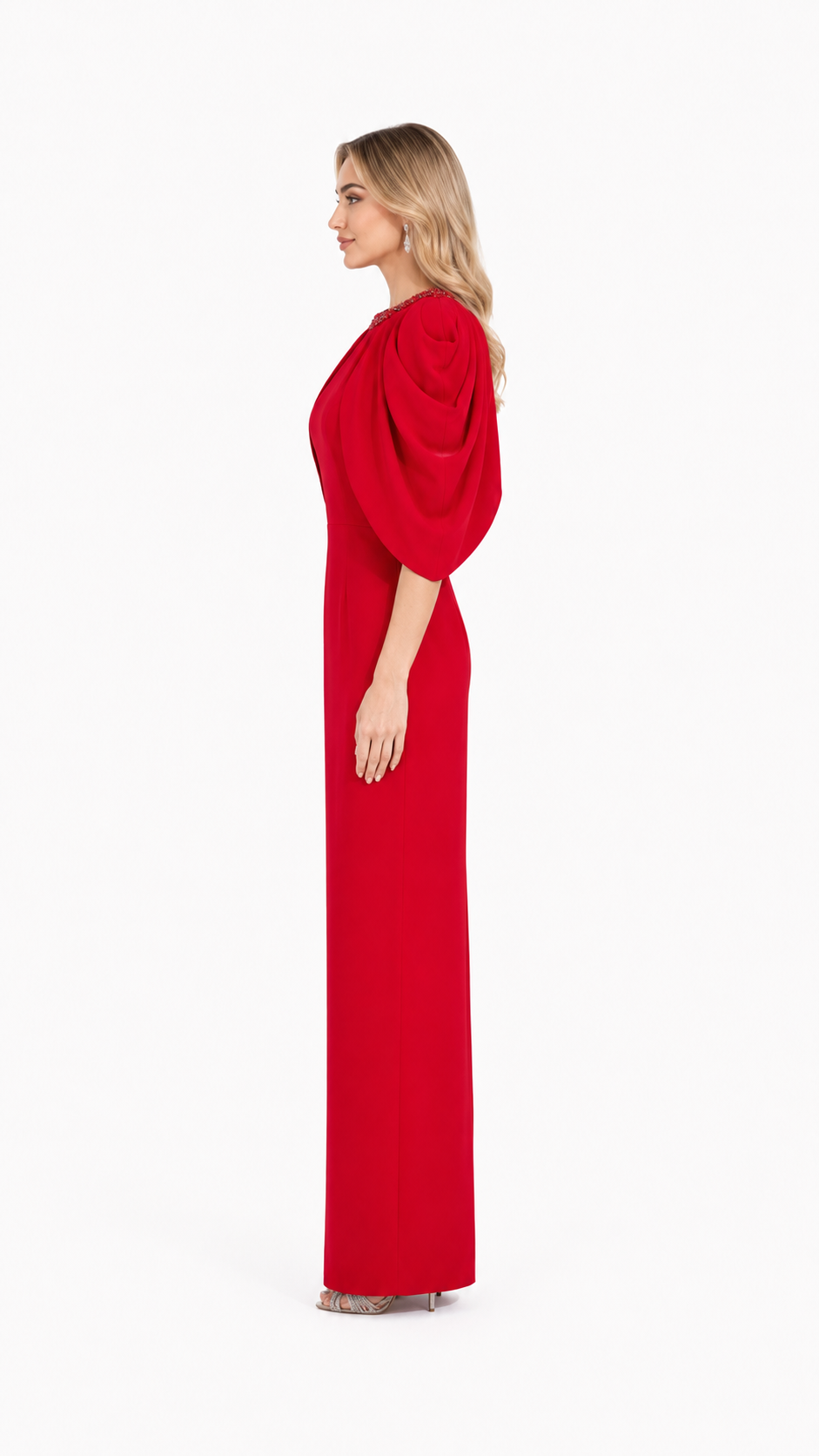 Red Beaded Cape Sleeve Maxi Evening Dress – ROSLA