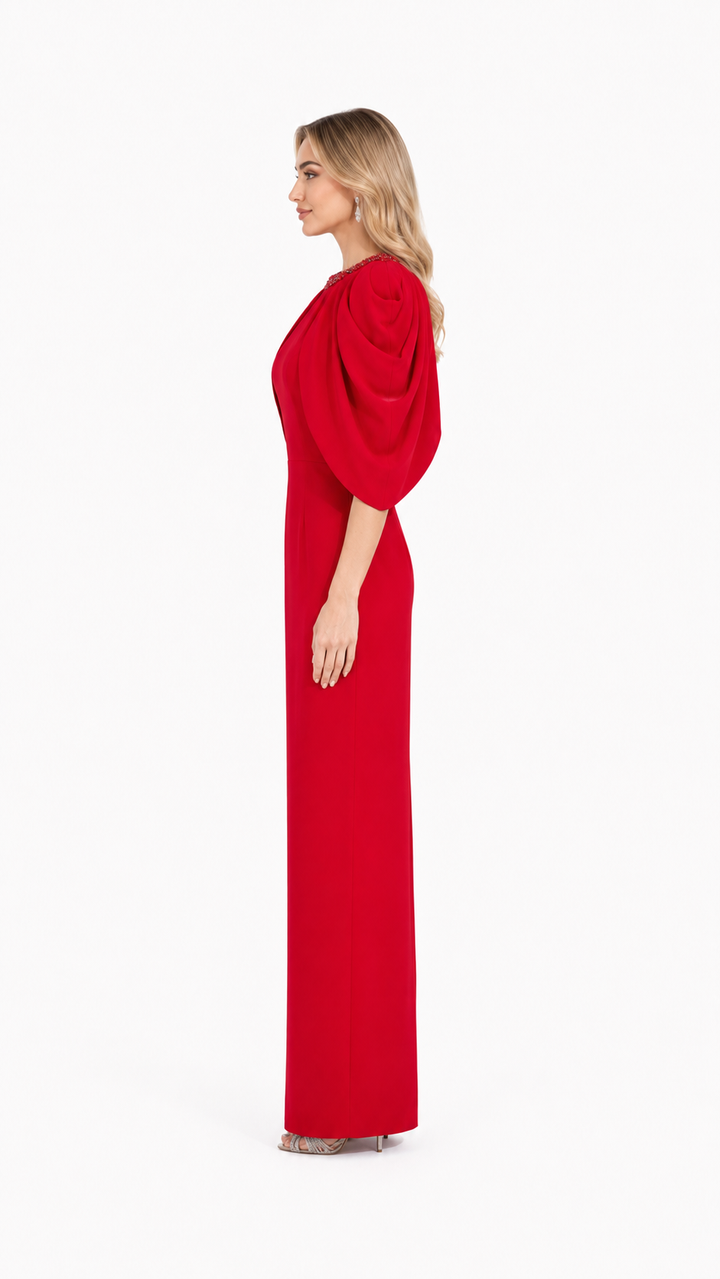 Red Beaded Cape Sleeve Maxi Evening Dress – ROSLA