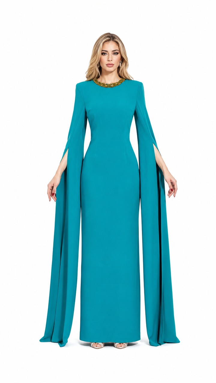 Teal Beaded Neck Cape Sleeve Maxi Dress – ALSIE