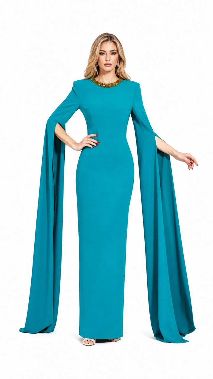 Teal Beaded Neck Cape Sleeve Maxi Dress – ALSIE