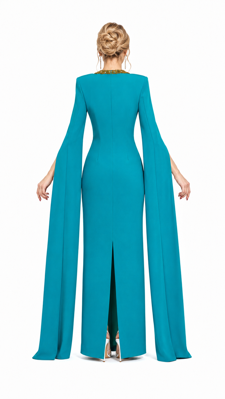 Teal Beaded Neck Cape Sleeve Maxi Dress – ALSIE