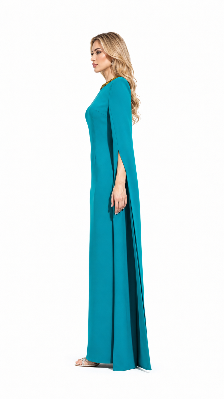 Teal Beaded Neck Cape Sleeve Maxi Dress – ALSIE