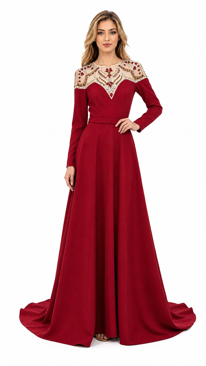 Burgundy Embellished Yoke Maxi Evening Dress – DERLA