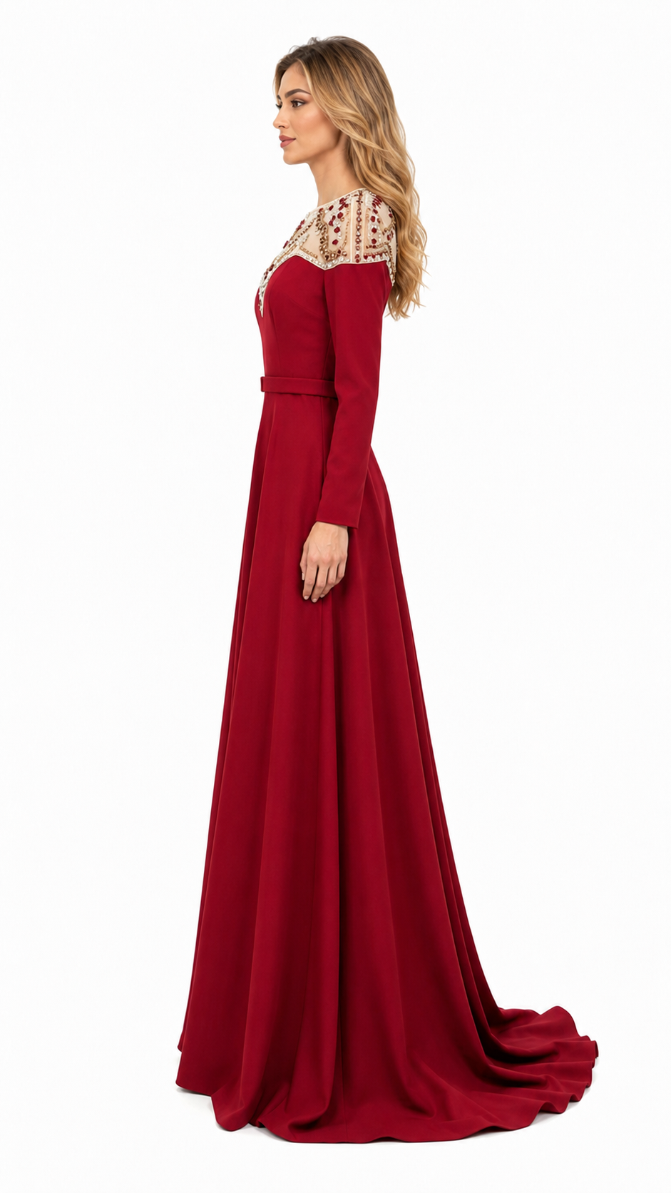 Burgundy Embellished Yoke Maxi Evening Dress – DERLA