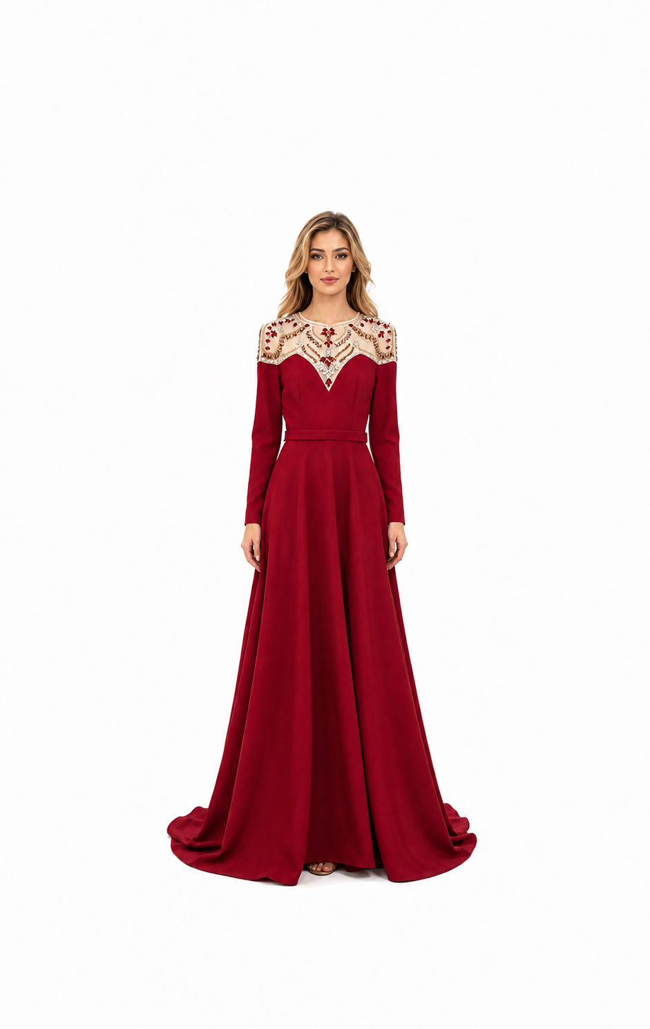 Burgundy Embellished Yoke Maxi Evening Dress – DERLA